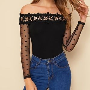 Bohemian Black Off Shoulder Polka Dot Floral Sheer Sleeve Top